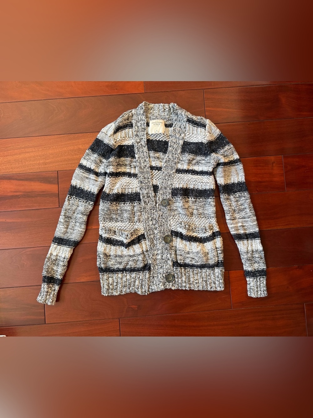 Y2K Abercrombie & Fitch Chunky Knit Cardigan XS Black Cream Striped Cotton